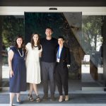 Creative Directors Amelia Holliday, Michelle Tabet and Isabelle Toland with Olympian Ian Thorpe at the entrance to Australia’s exhibition, The Pool. Photo: Alexander Mayes